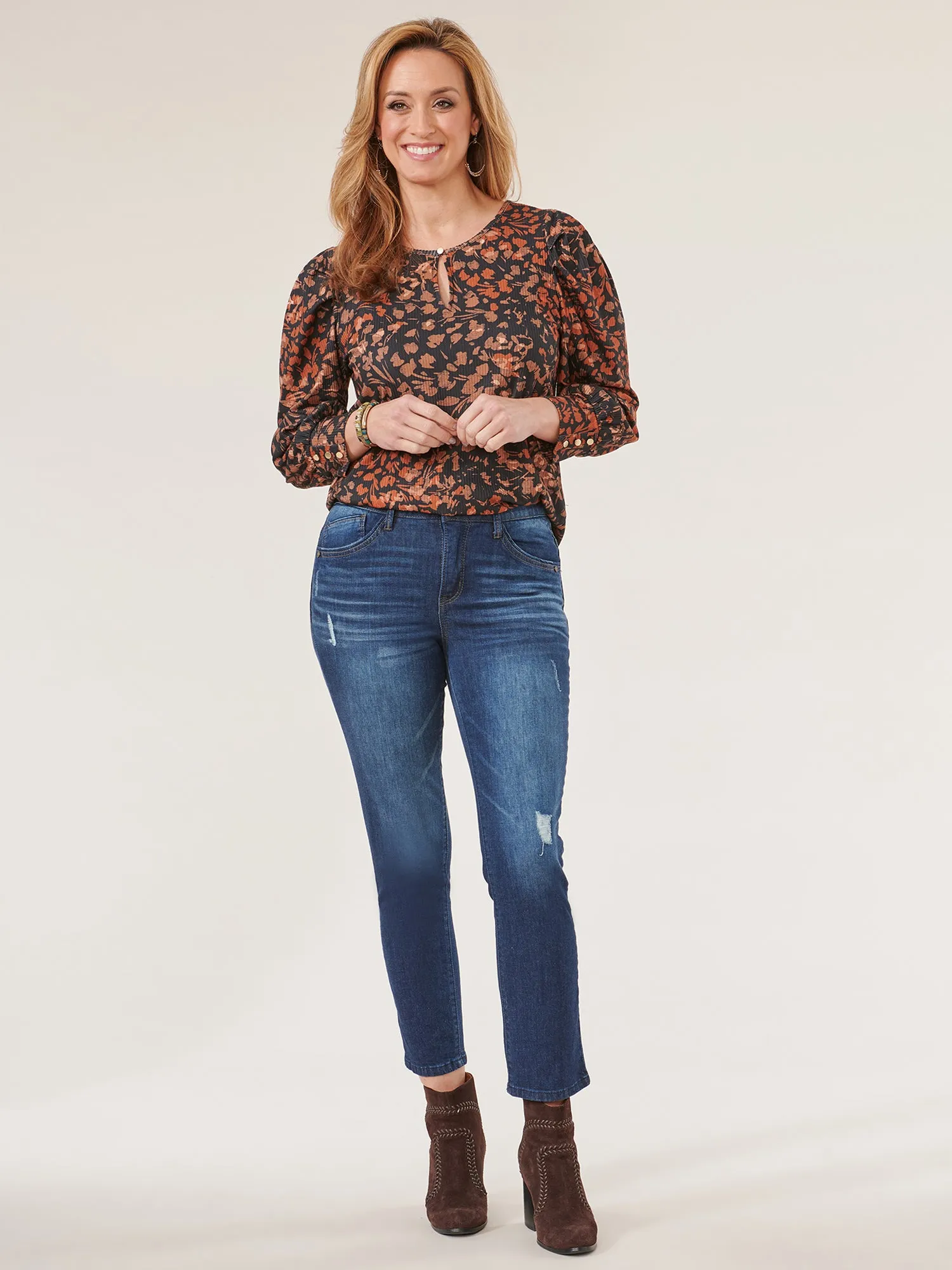 3/4 Blouson Sleeve Keyhole Neck Abstract Floral Print Knit Top