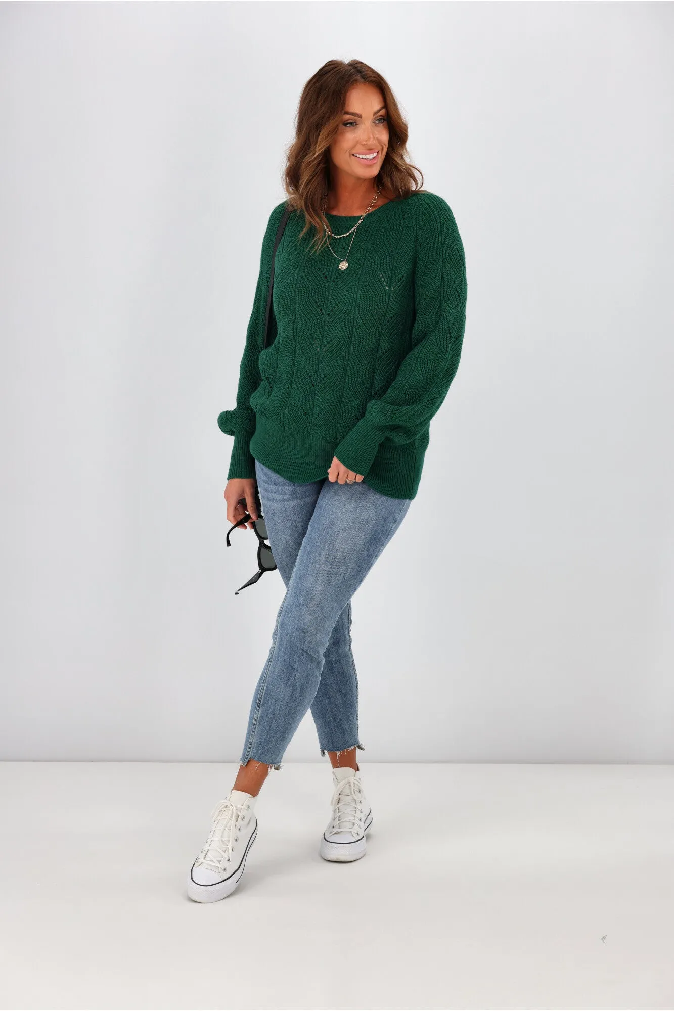 Alpine by Shine On Michaela Crochet Knit Merino Jumper Emerald