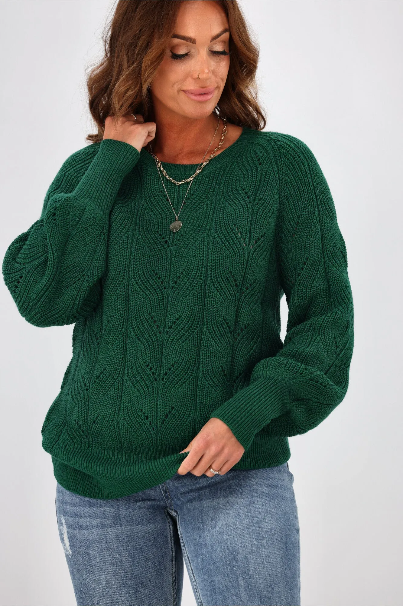 Alpine by Shine On Michaela Crochet Knit Merino Jumper Emerald