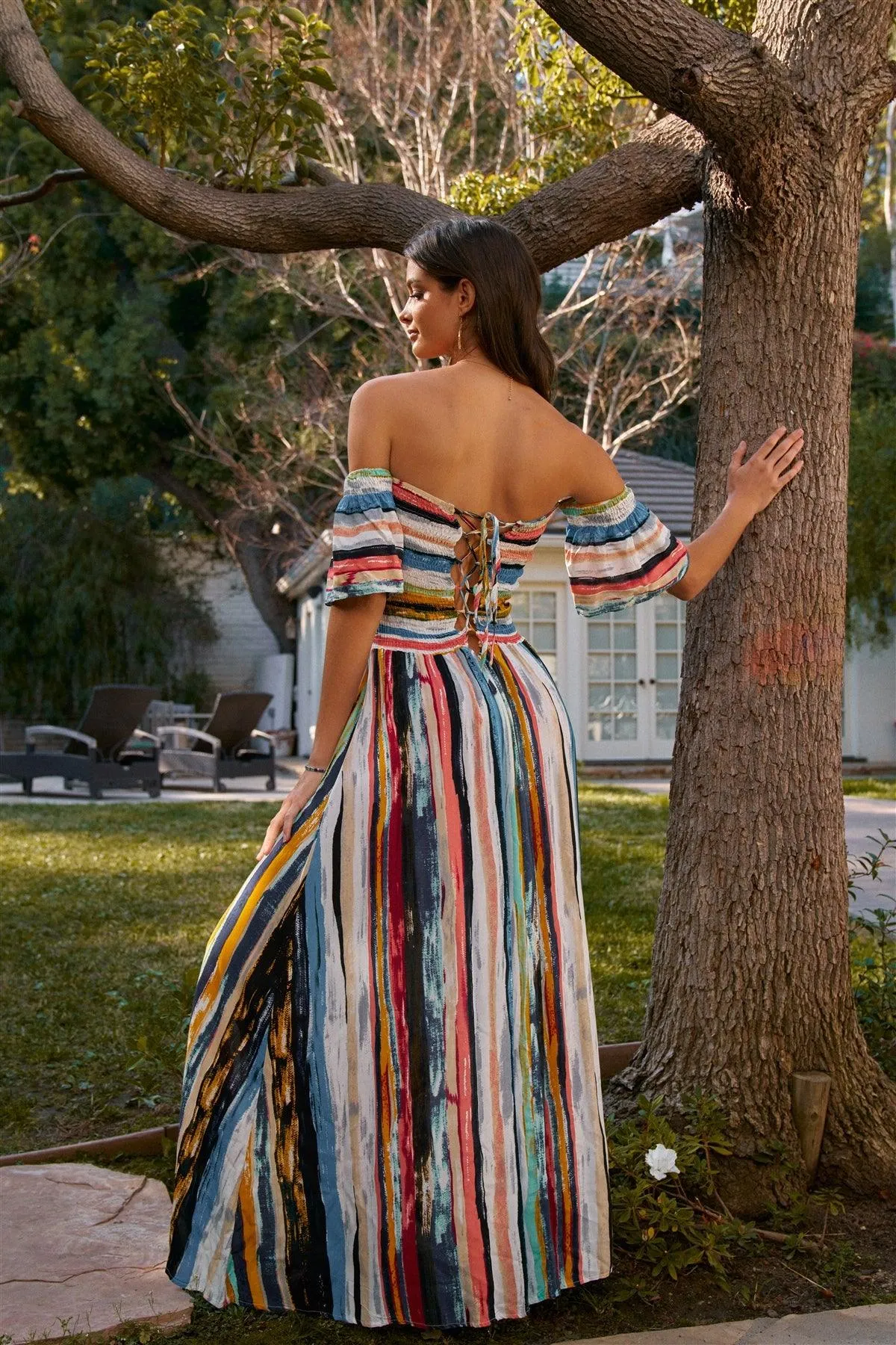 Aqua Stripe Print Off-The-Shoulder Maxi Dress