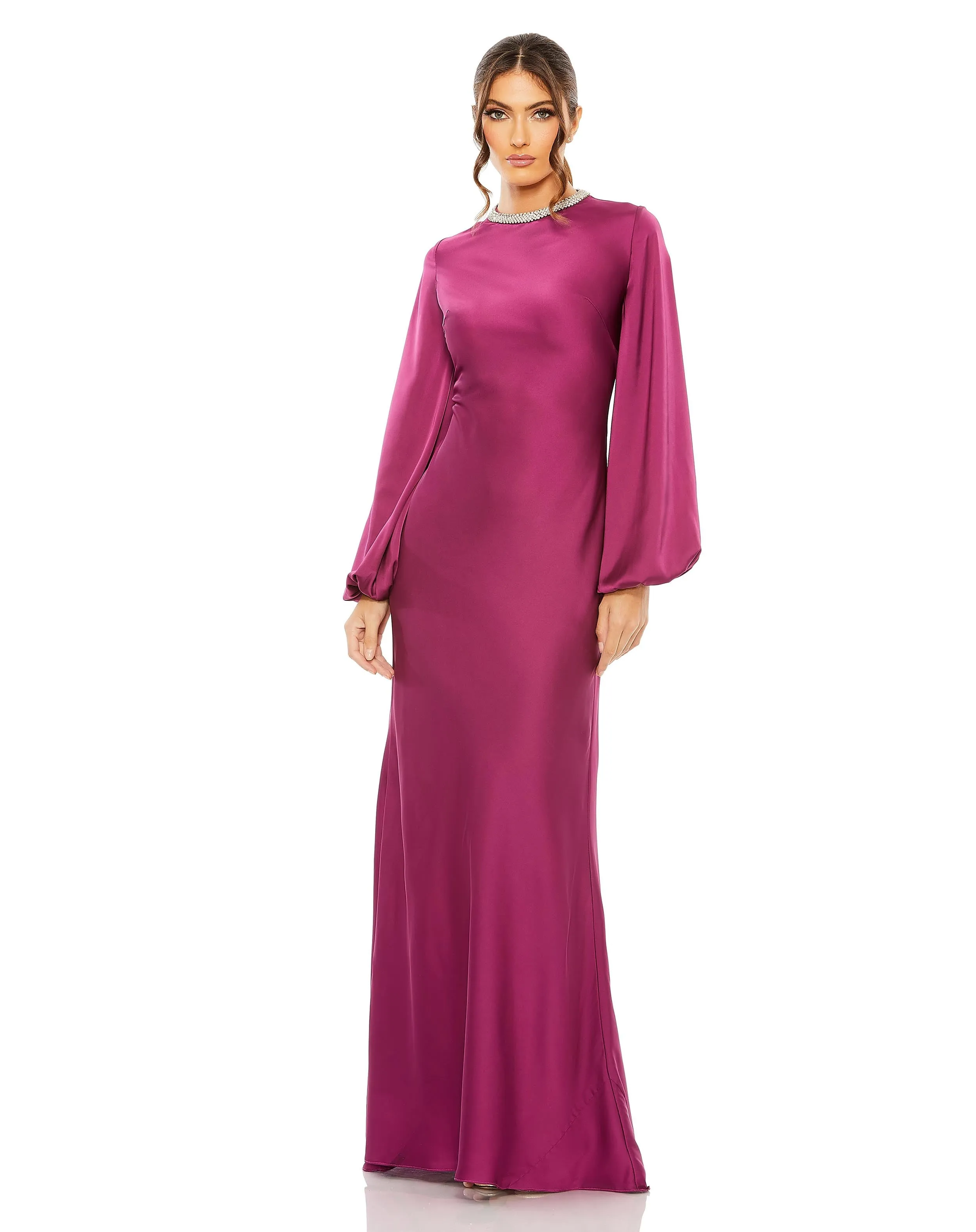 Beaded High Neck Bishop Sleeve Satin Gown