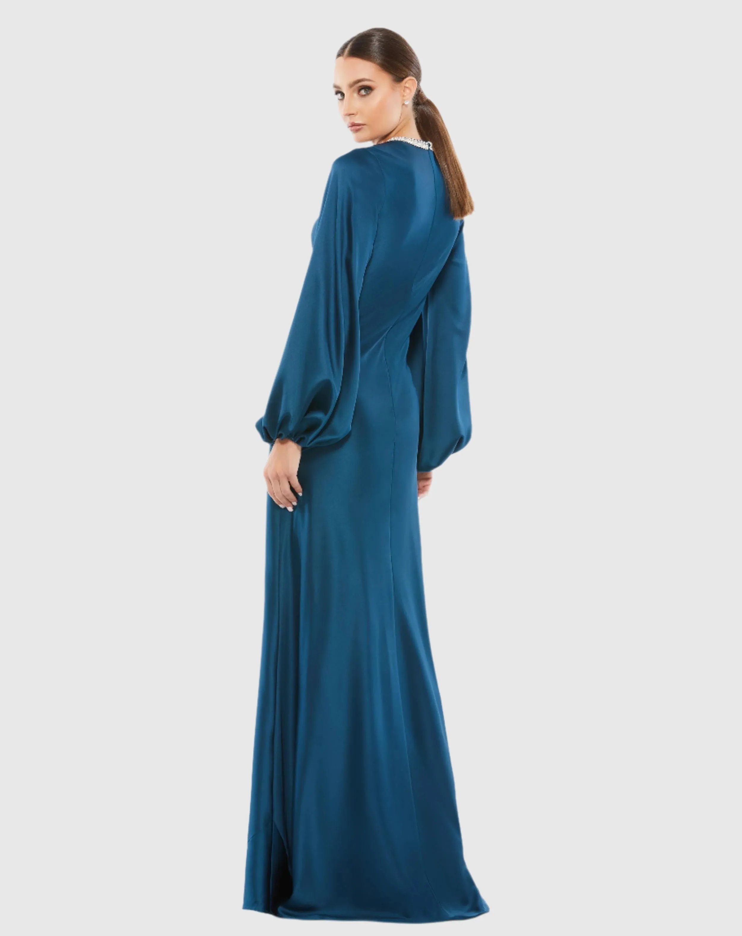 Beaded High Neck Bishop Sleeve Satin Gown