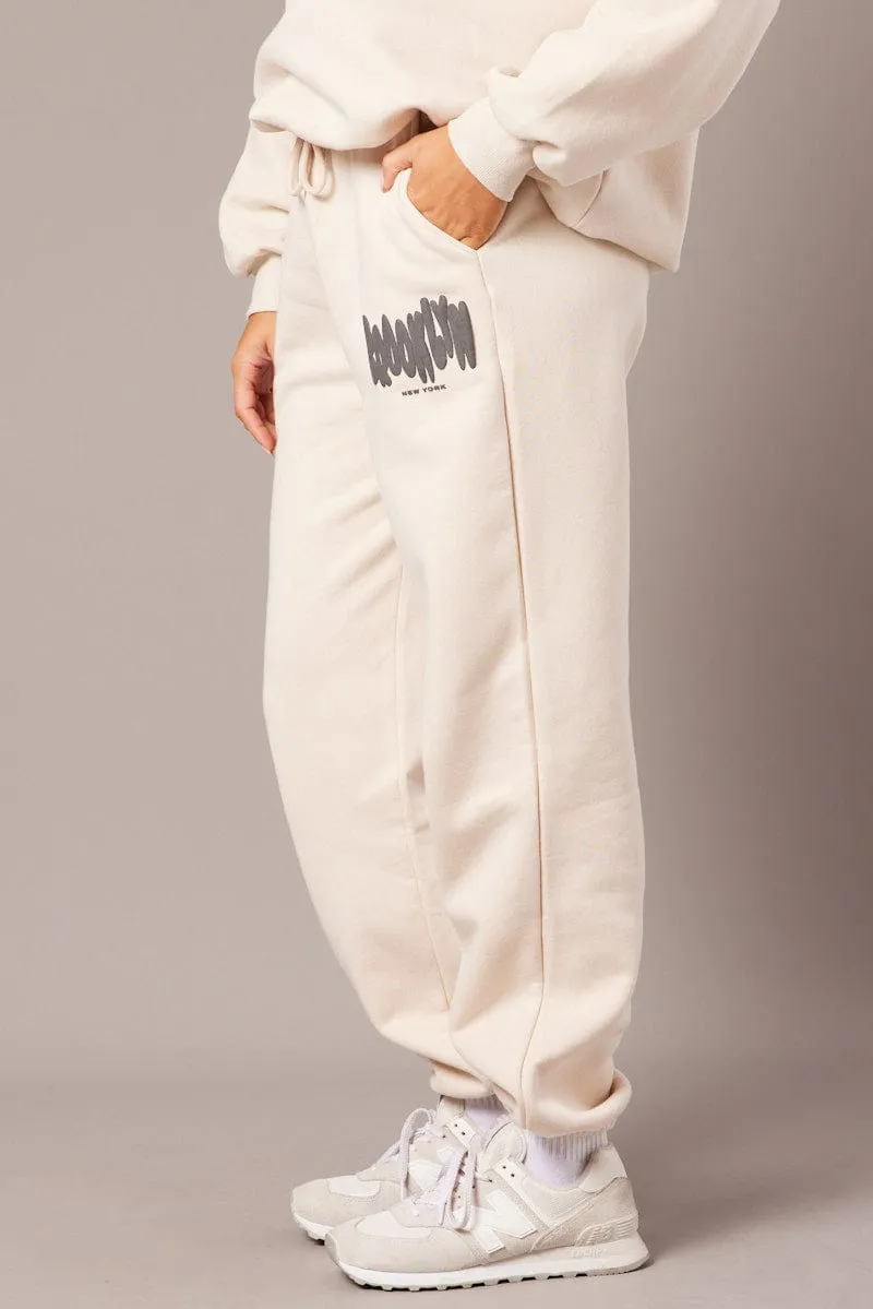 Beige Track Pants High Rise