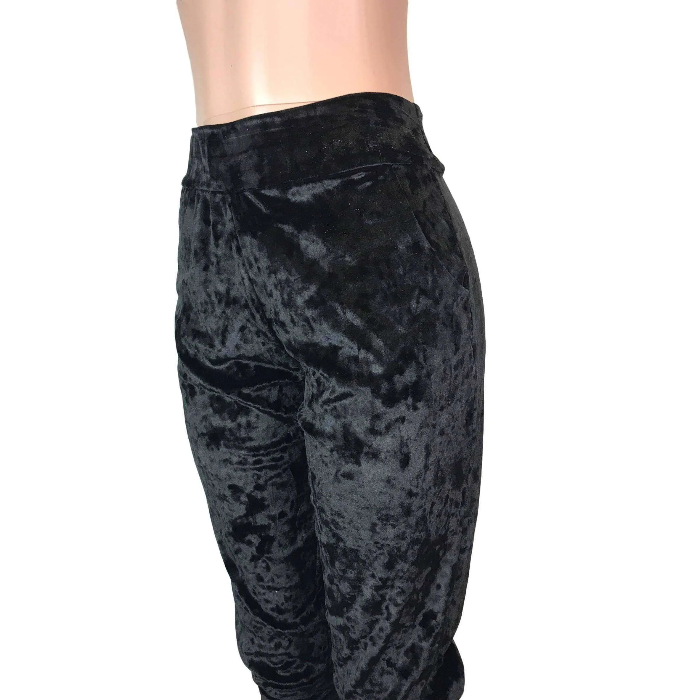 Black Crushed Velvet Joggers w/ Pockets Women's