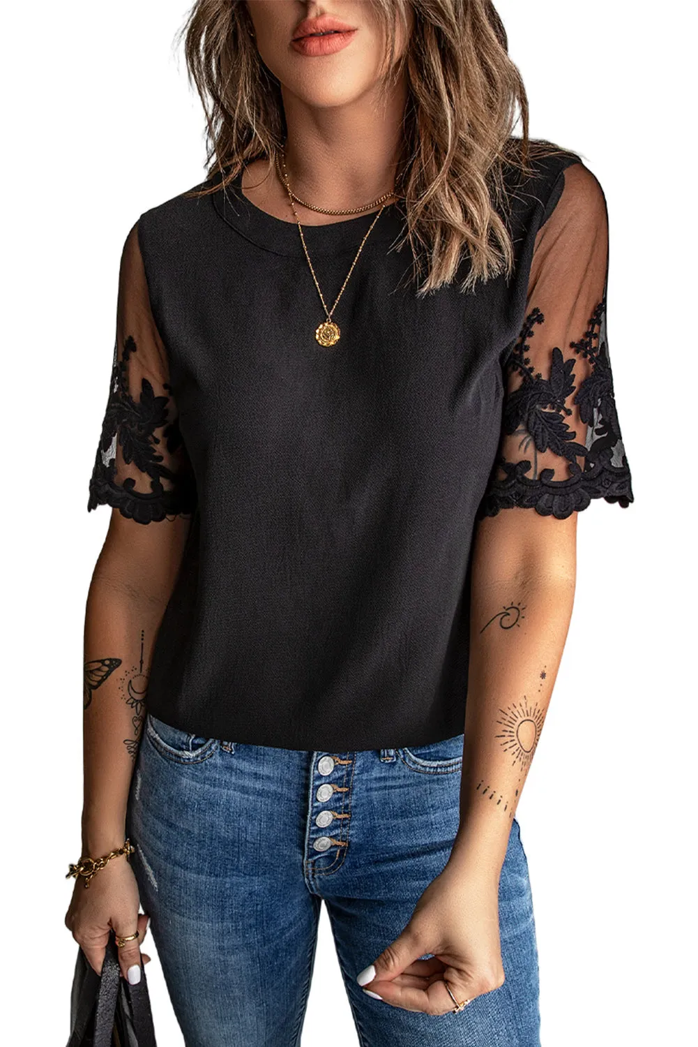 Black Lace Short Sleeve Top