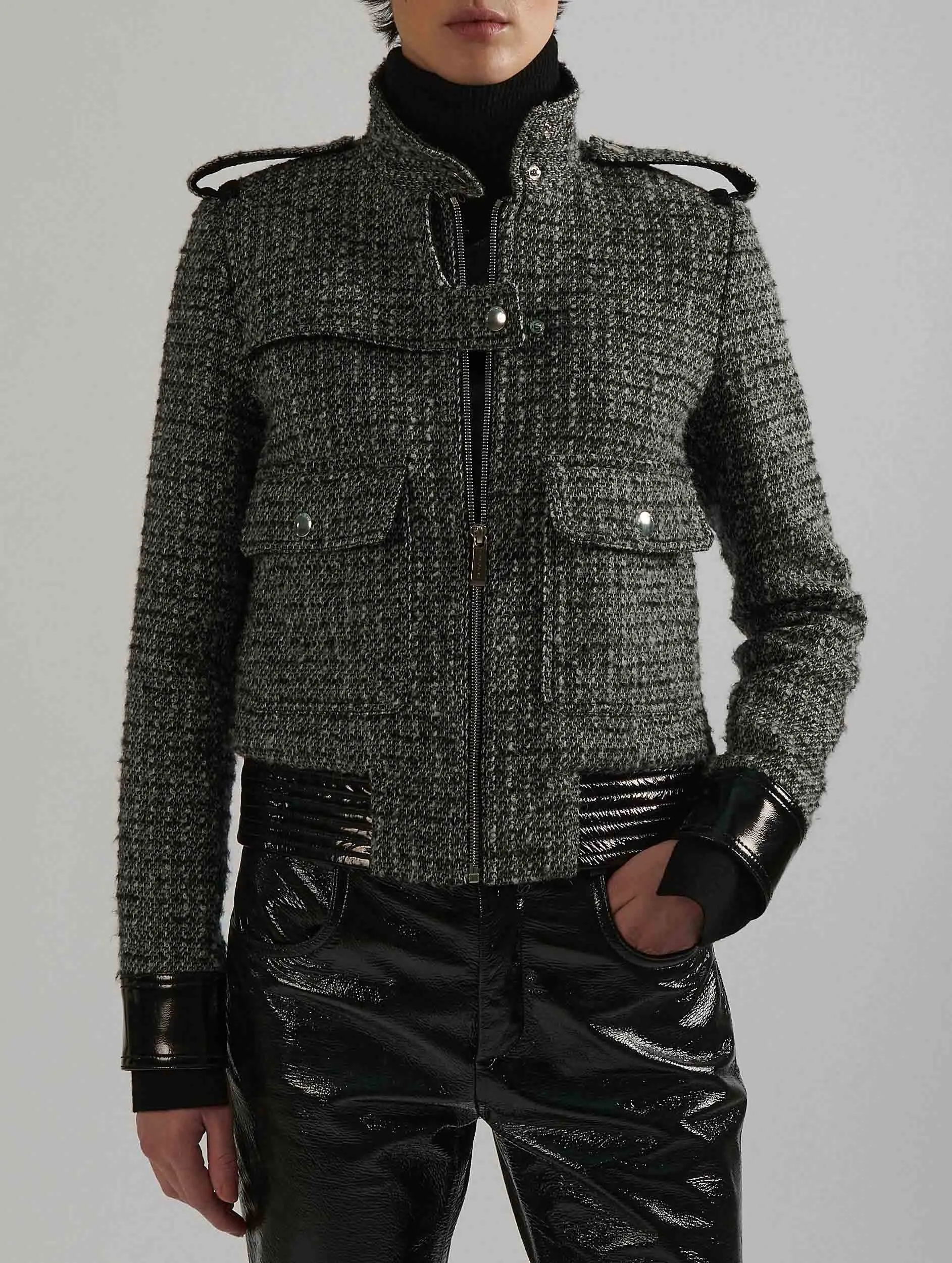 Blouson en tweed bouclette et cuir verni