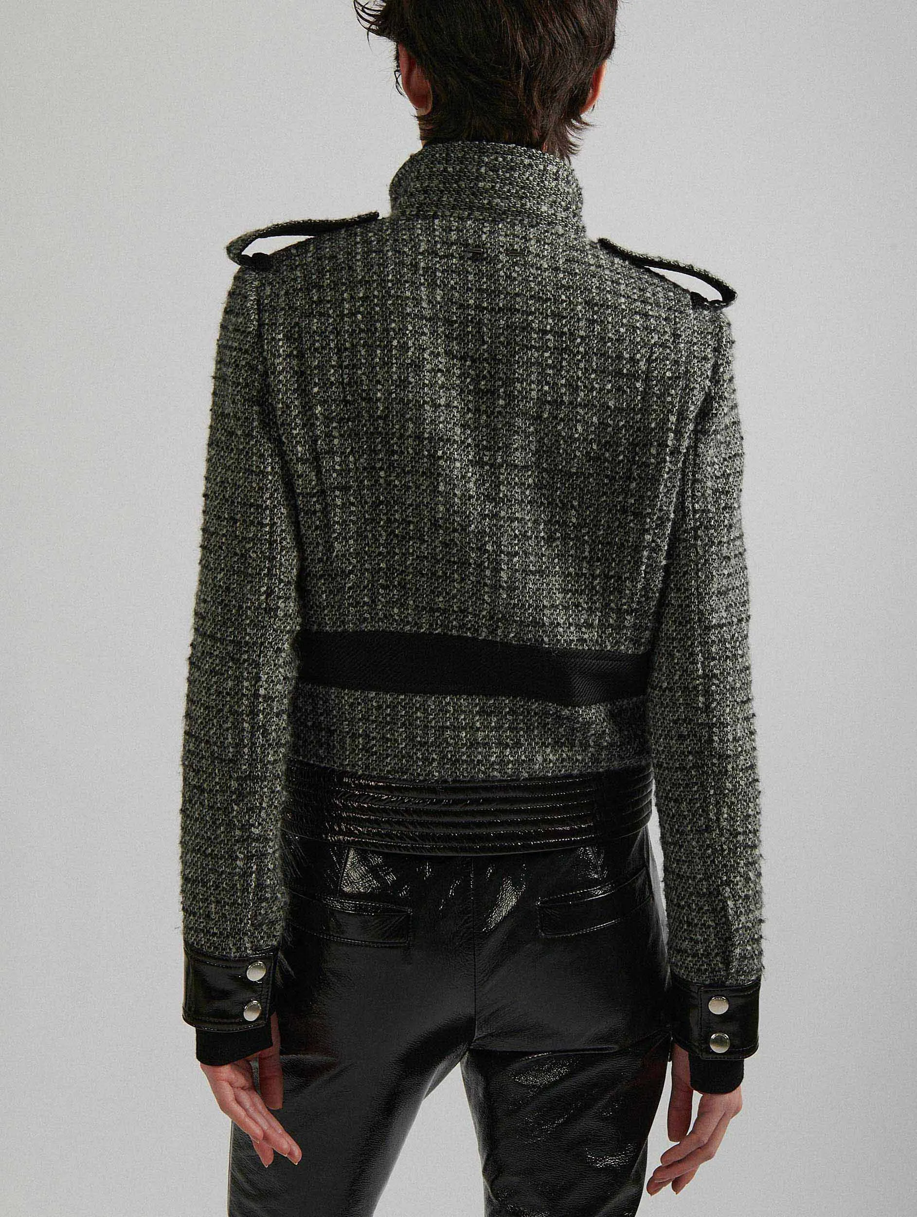 Blouson en tweed bouclette et cuir verni