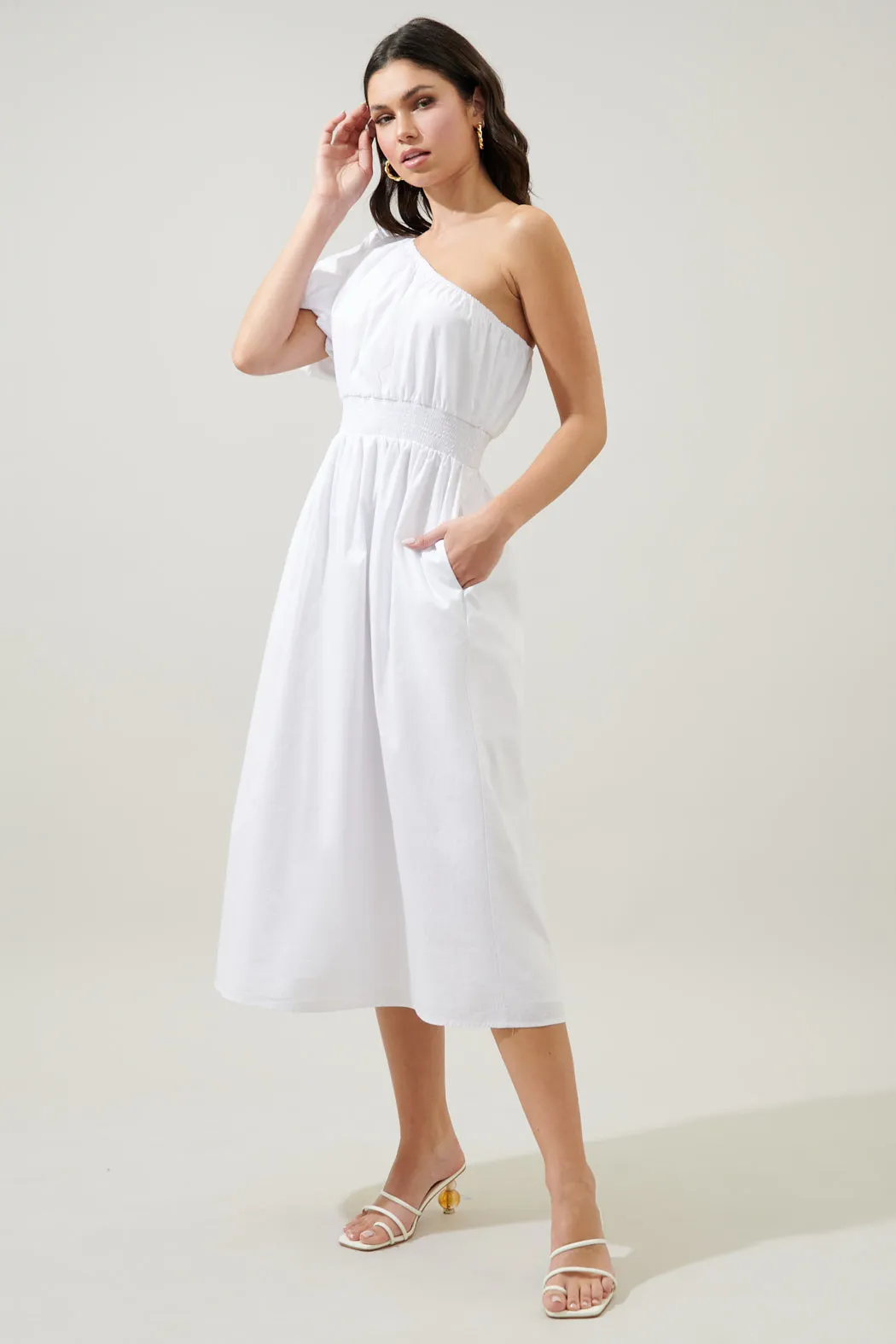 Bridgette One Shoulder Balloon Sleeve Poplin Midi Dress