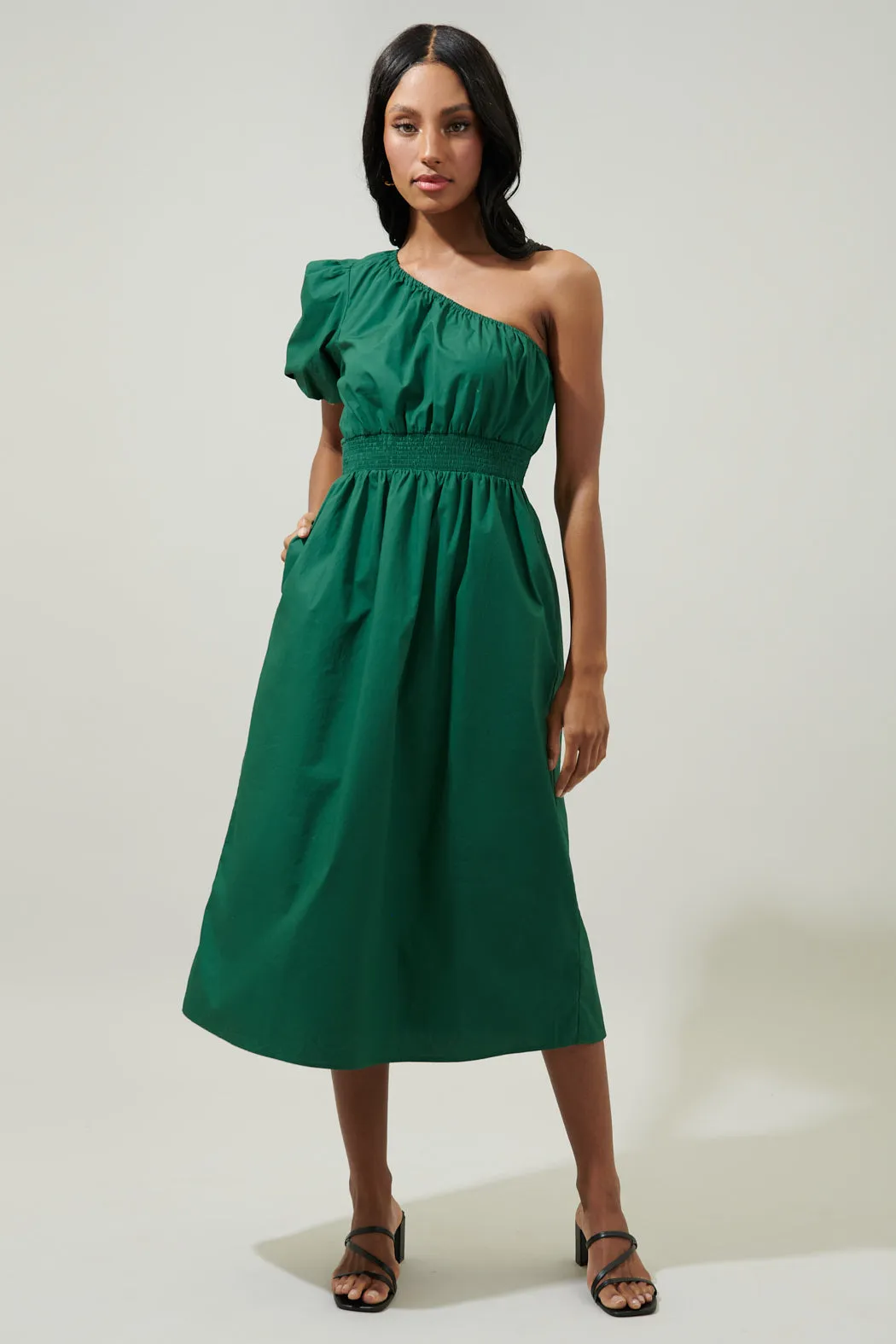 Bridgette One Shoulder Balloon Sleeve Poplin Midi Dress