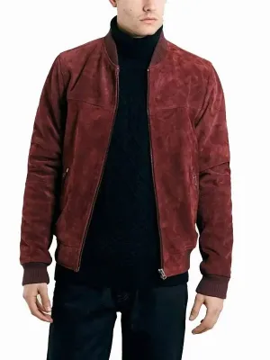 Burgundy Suede Bomber Jacket for Men