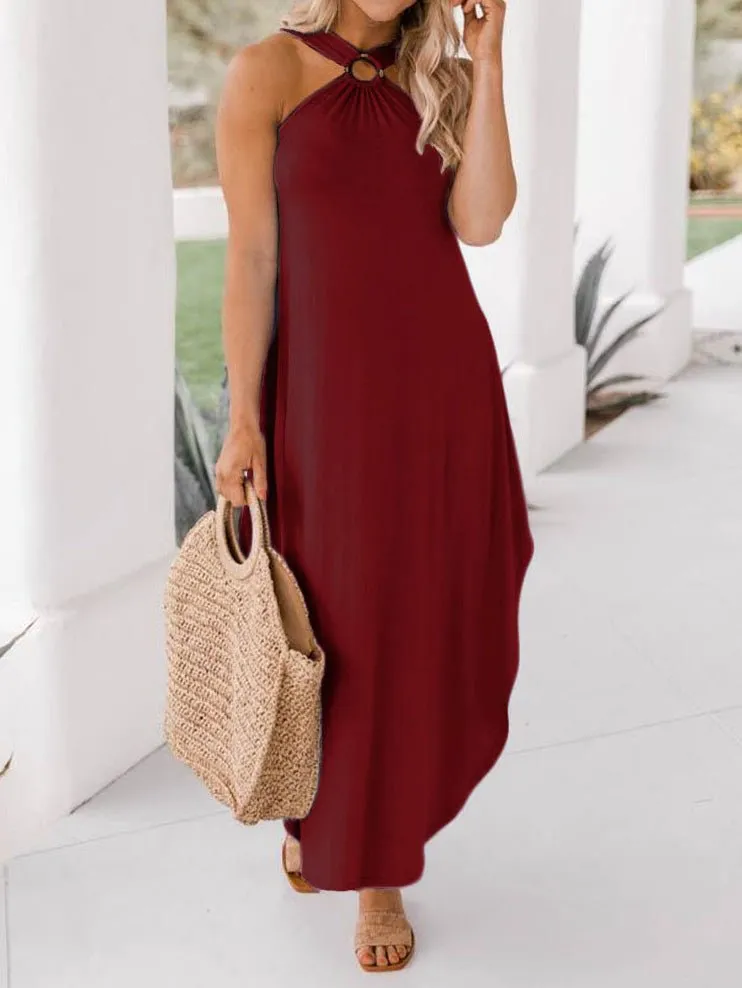 Casual Halterneck Off-Shoulder Pocket Dress