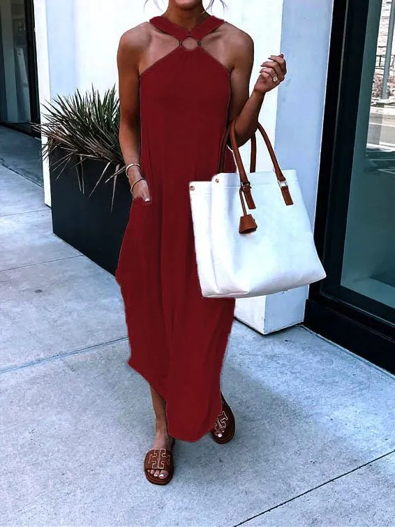 Casual Halterneck Off-Shoulder Pocket Dress