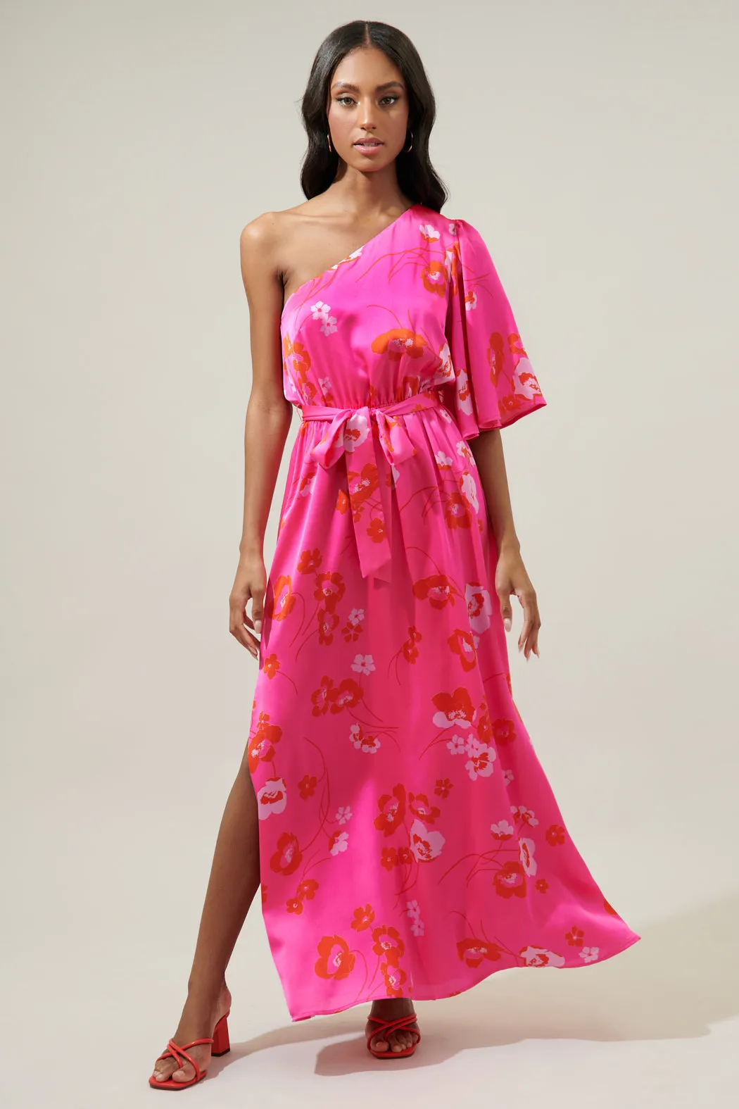 Cherry Blossom Meara One Shoulder Satin Maxi Dress