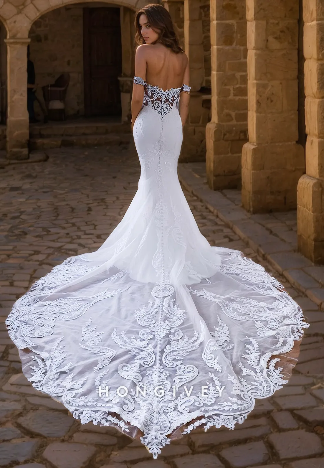 Chic Trumpet Off-Shoulder Lace Applique With Train Wedding Dress