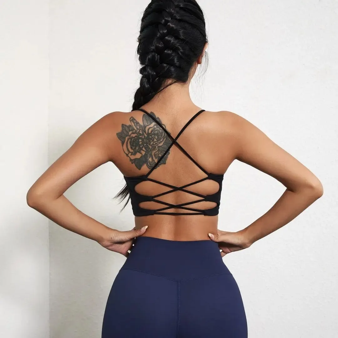 Color U-Shaped Multi-Strap Cross Back Women Fitness Gym Yoga Athletic Tight Workout Jog Soft Sports Bra