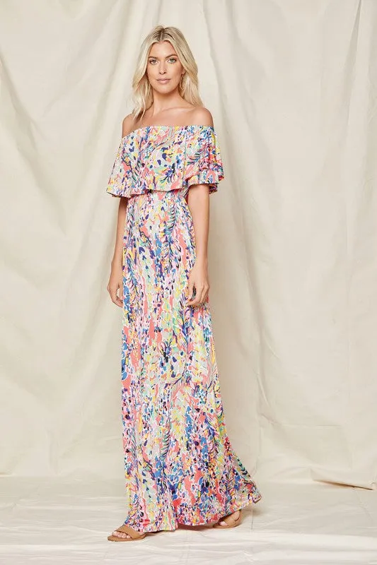 Coral Off-Shoulder Floral Maxi Dress