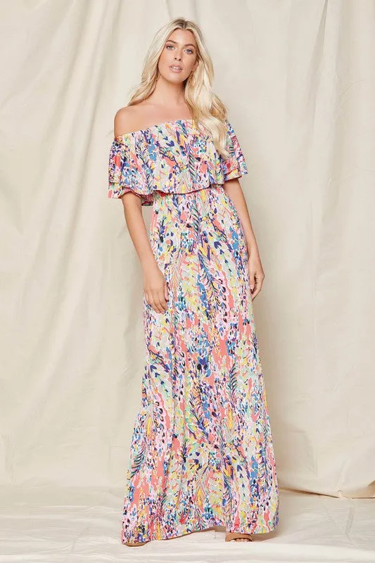 Coral Off-Shoulder Floral Maxi Dress