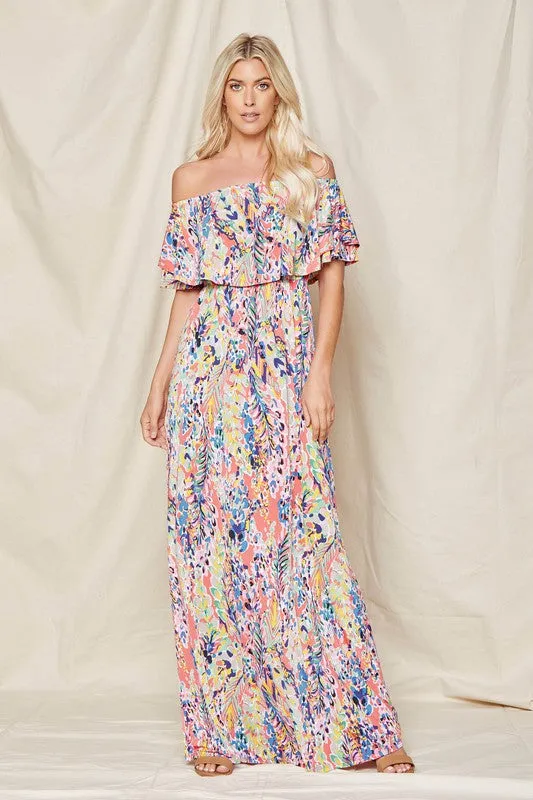 Coral Off-Shoulder Floral Maxi Dress