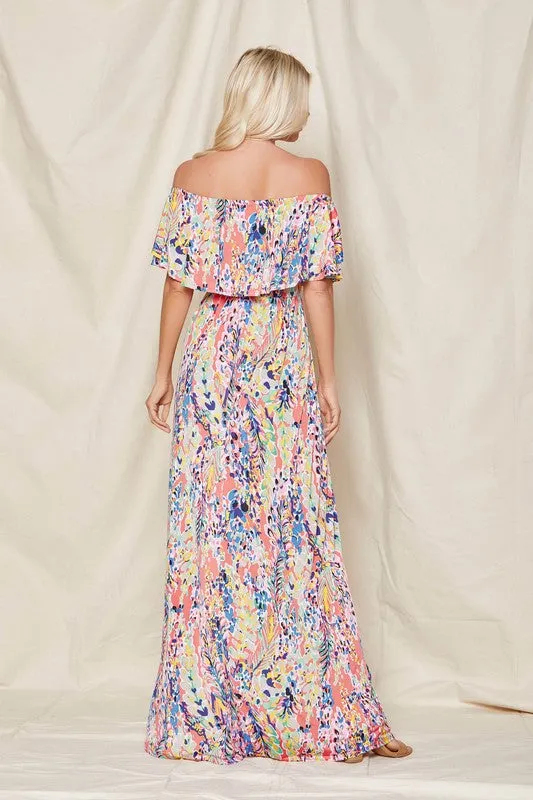 Coral Off-Shoulder Floral Maxi Dress