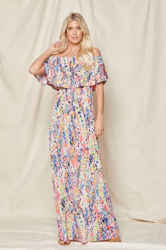 Coral Off-Shoulder Floral Maxi Dress