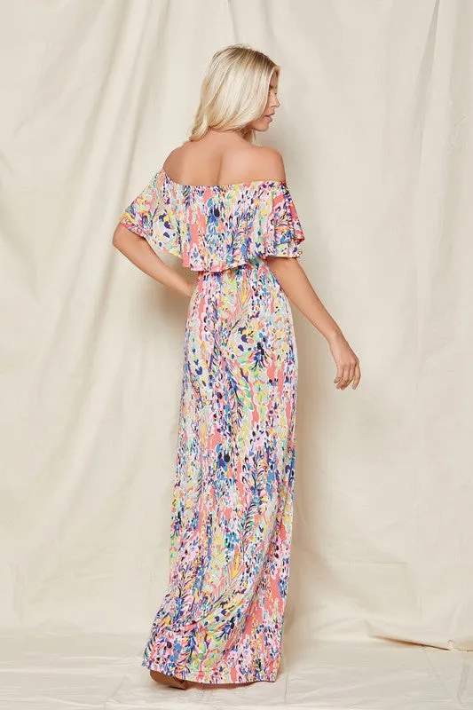 Coral Off-Shoulder Floral Maxi Dress