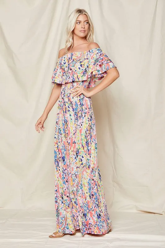 Coral Off-Shoulder Floral Maxi Dress