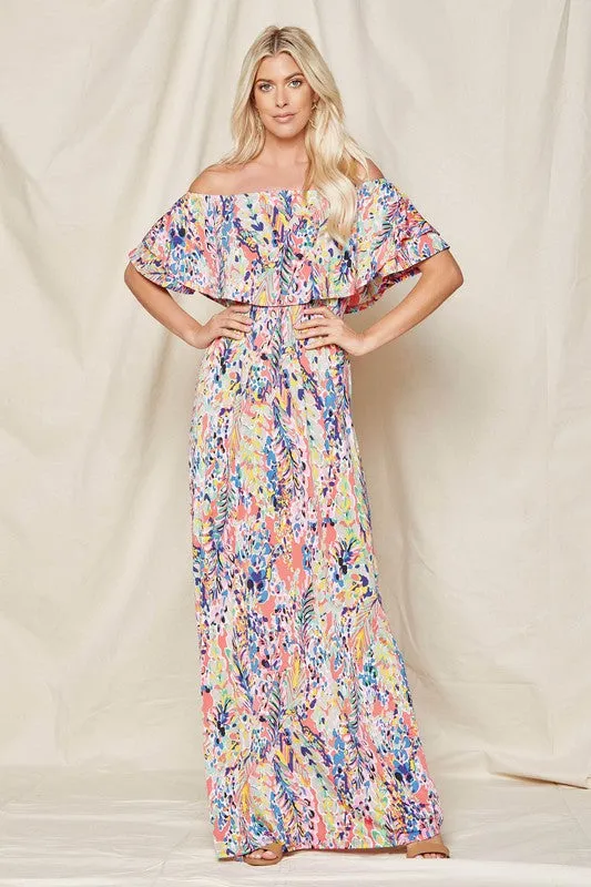 Coral Off-Shoulder Floral Maxi Dress