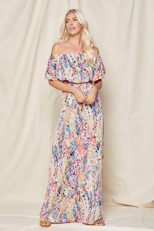 Coral Off-Shoulder Floral Maxi Dress