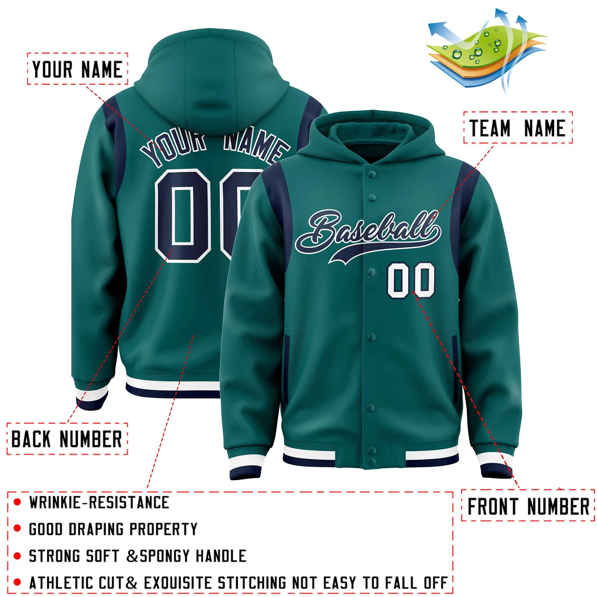 Custom Aqua Navy Varsity Full-Snap Letterman Shoulder Color Block Hoodie Jacket