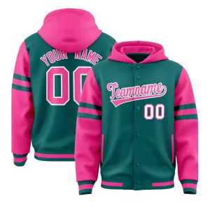 Custom Aqua Pink Raglan Sleeves Varsity Full-Snap Letterman Three Stripes Hoodie Jacket