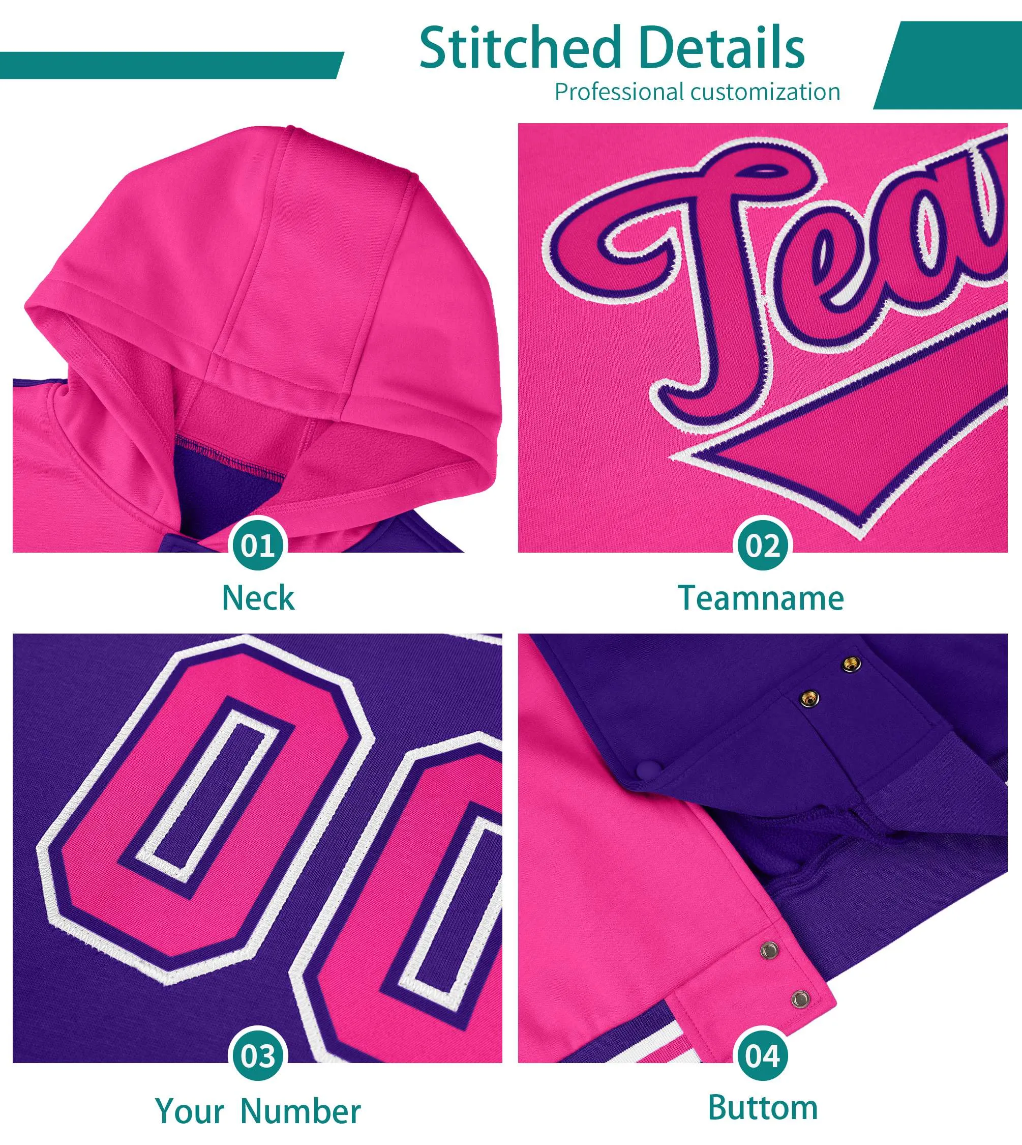 Custom Aqua Pink Raglan Sleeves Varsity Full-Snap Letterman Three Stripes Hoodie Jacket