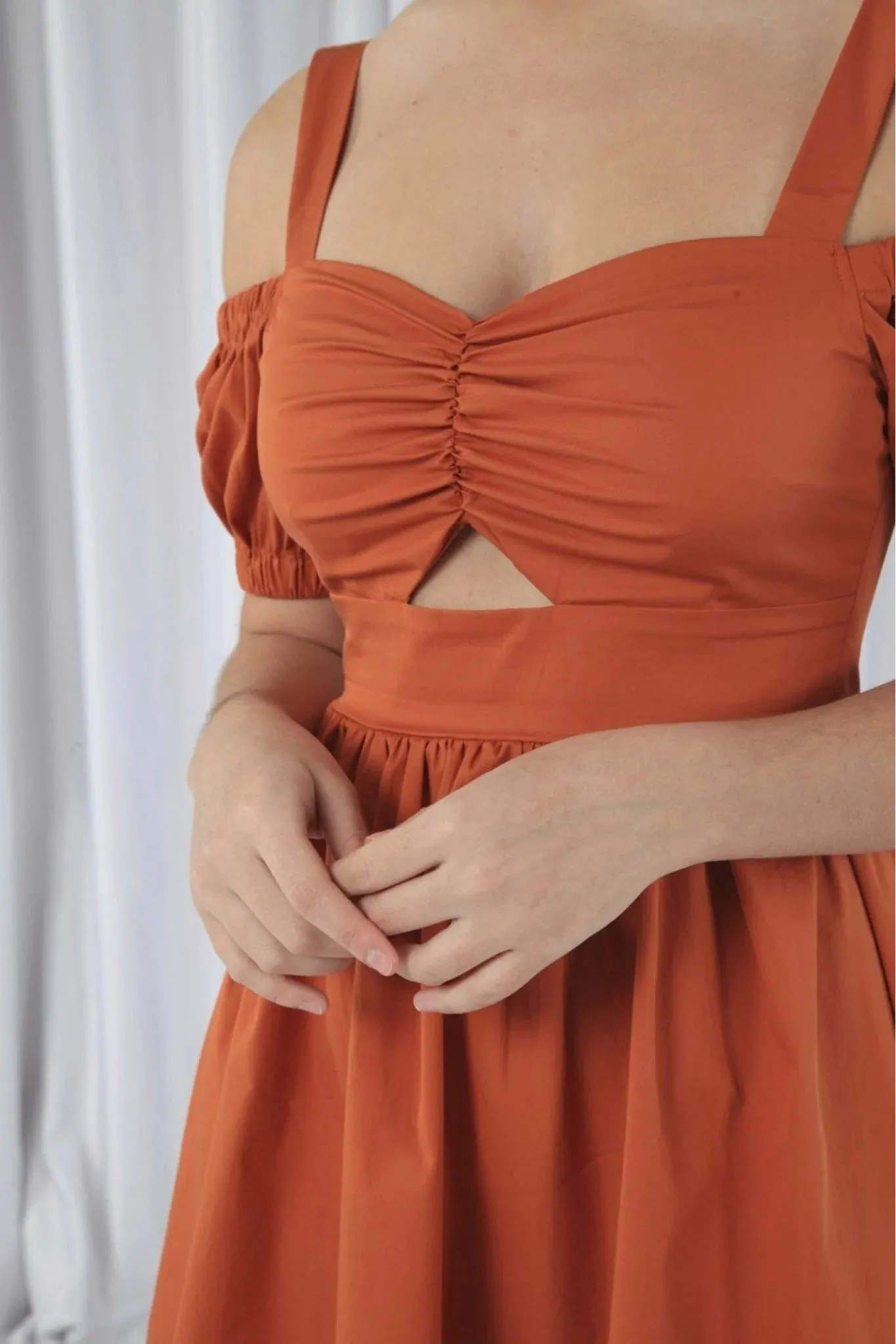 Double Second Orange Bardot Ruched Dress