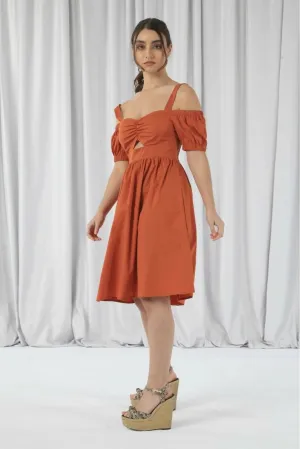 Double Second Orange Bardot Ruched Dress