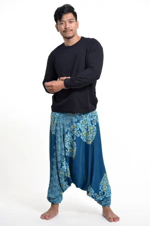 Floral Vines Drop Crotch Men's Harem Pants in Turquoise