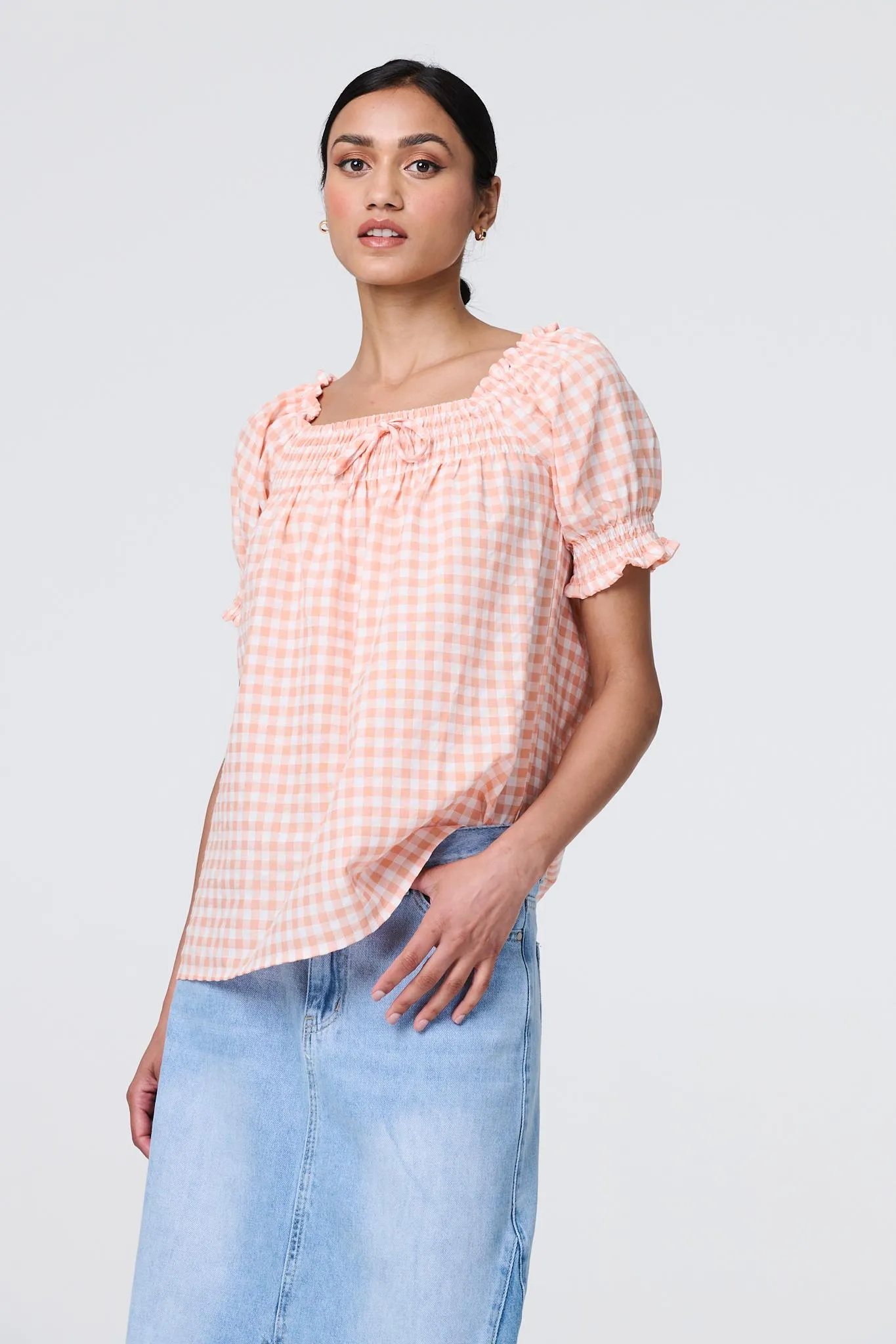 Gingham Check Puff Sleeve Blouse