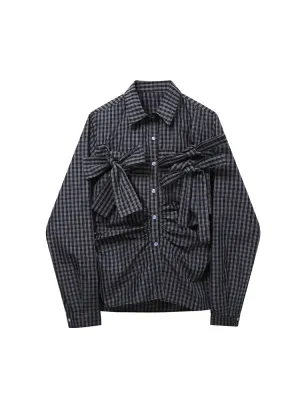 Girlary 2024 Autumn Y2k Vintage Plaid Blouses Women 90s Aesthetic Harajuku 2000s Retro Elegant Long Sleeve Bow Shirt Tops Clothes New