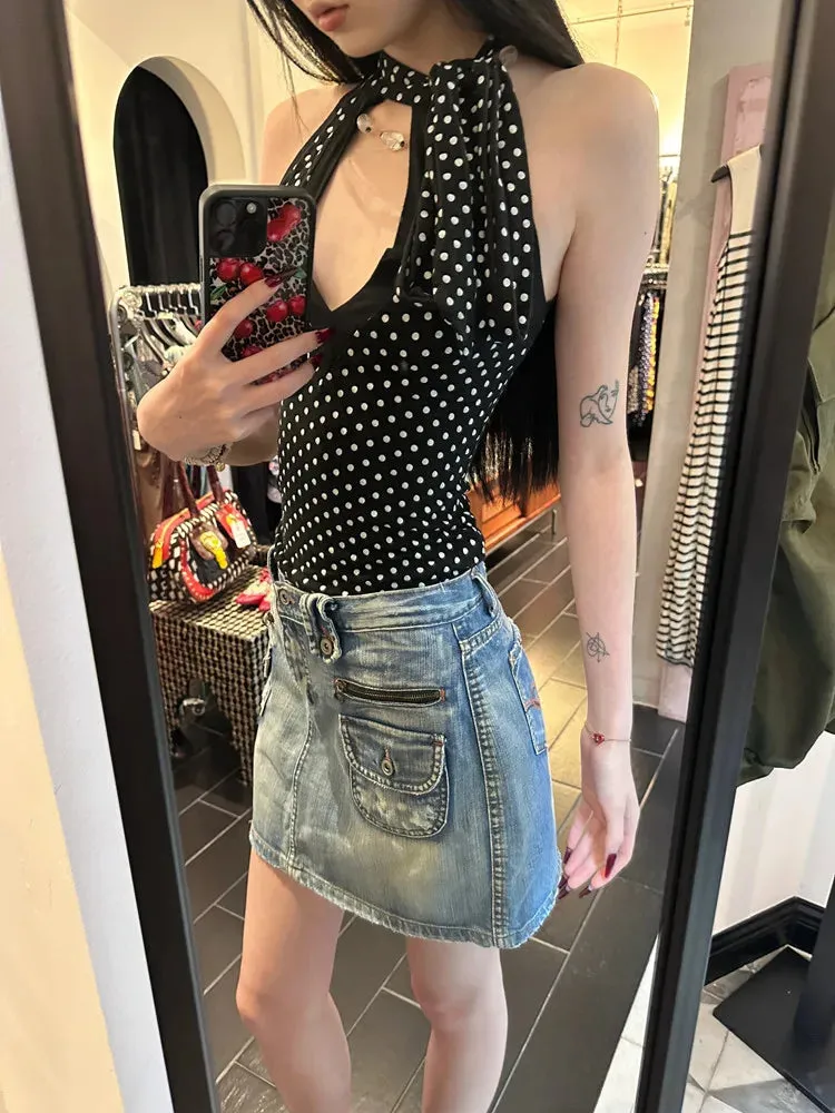 Girlary American Retro Black Polka Dot Halter Sleeveless Tops Women Casual Sexy Spice Girl Slim Strap Vest Summer Y2k Vintage Clothing