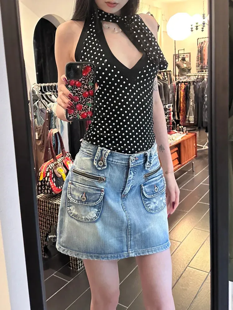 Girlary American Retro Black Polka Dot Halter Sleeveless Tops Women Casual Sexy Spice Girl Slim Strap Vest Summer Y2k Vintage Clothing