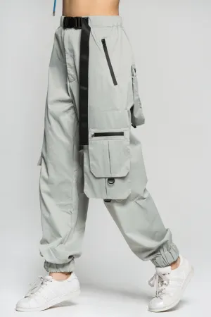 Grey Cargo Pants With Black Buckle Belt