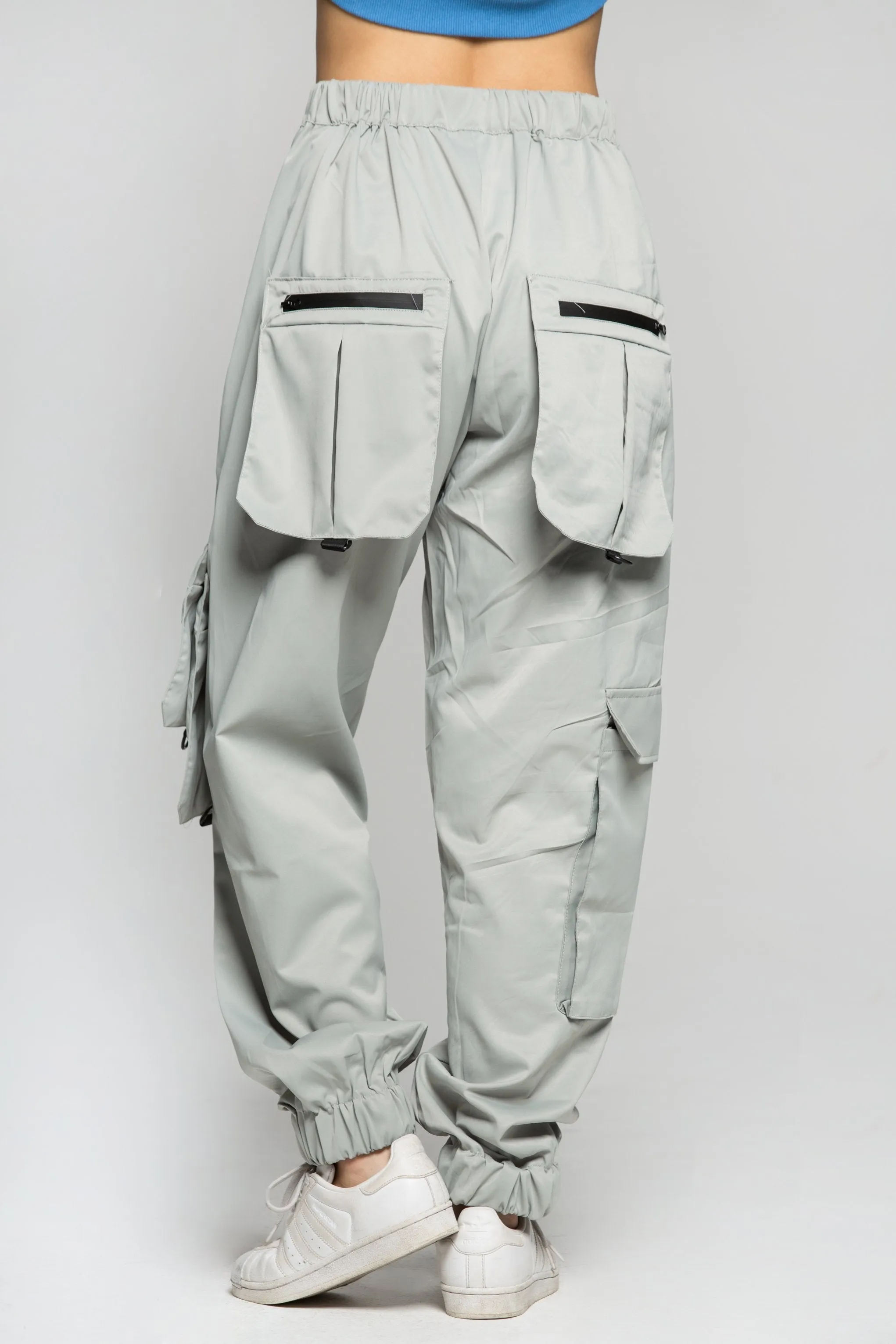 Grey Cargo Pants With Black Buckle Belt