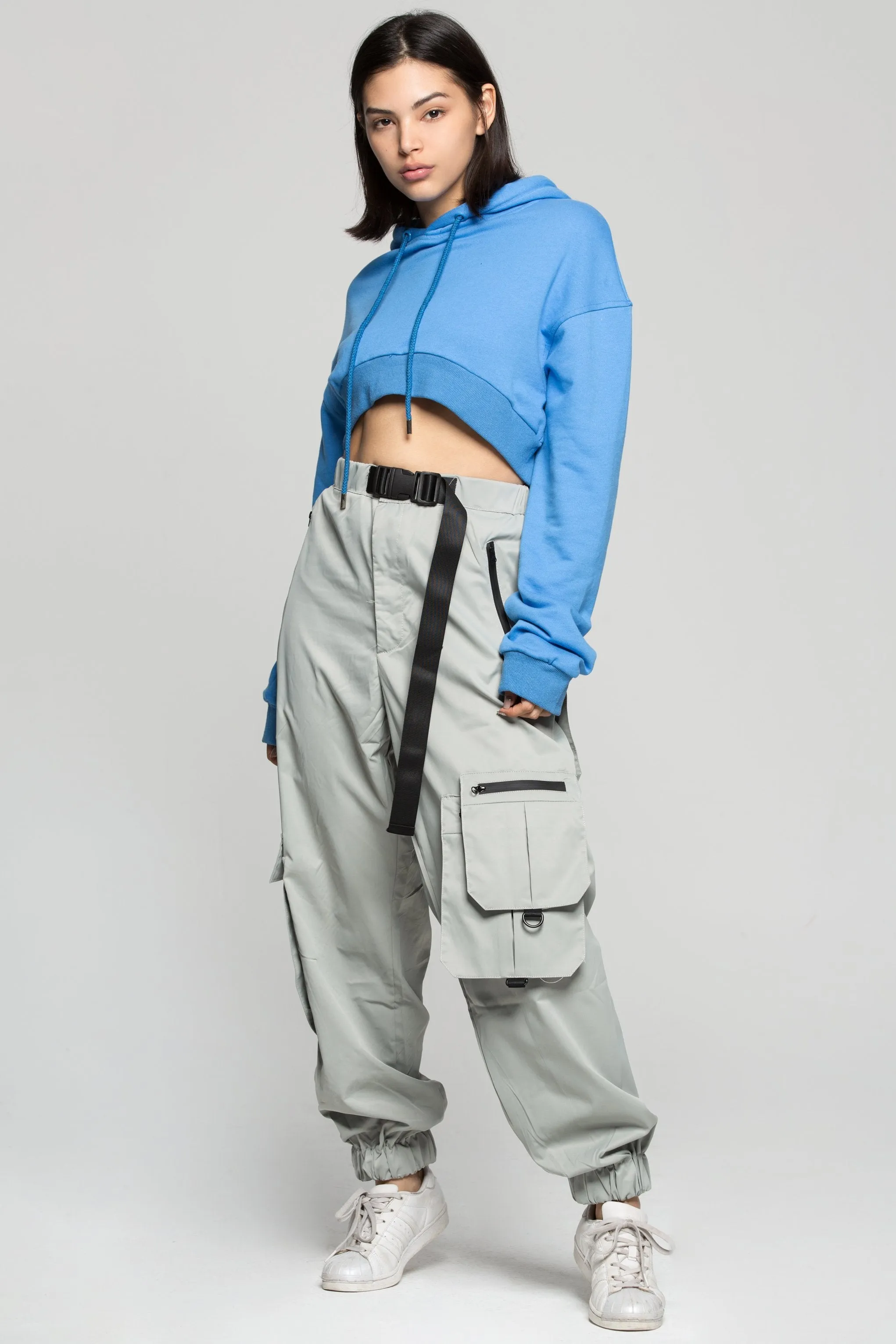 Grey Cargo Pants With Black Buckle Belt