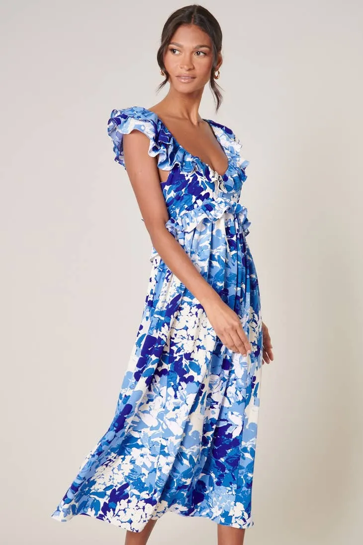 GYPSUM BERRY BLUE FLORAL TIE BACK CUTOUT MIDI DRESS