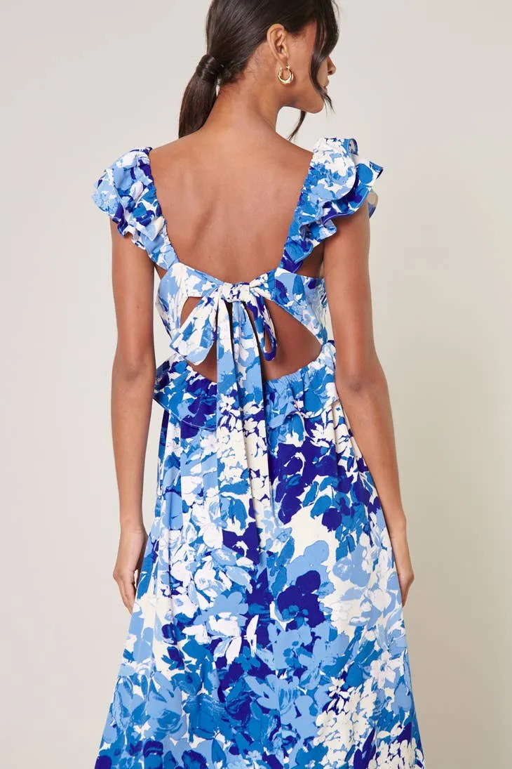 GYPSUM BERRY BLUE FLORAL TIE BACK CUTOUT MIDI DRESS