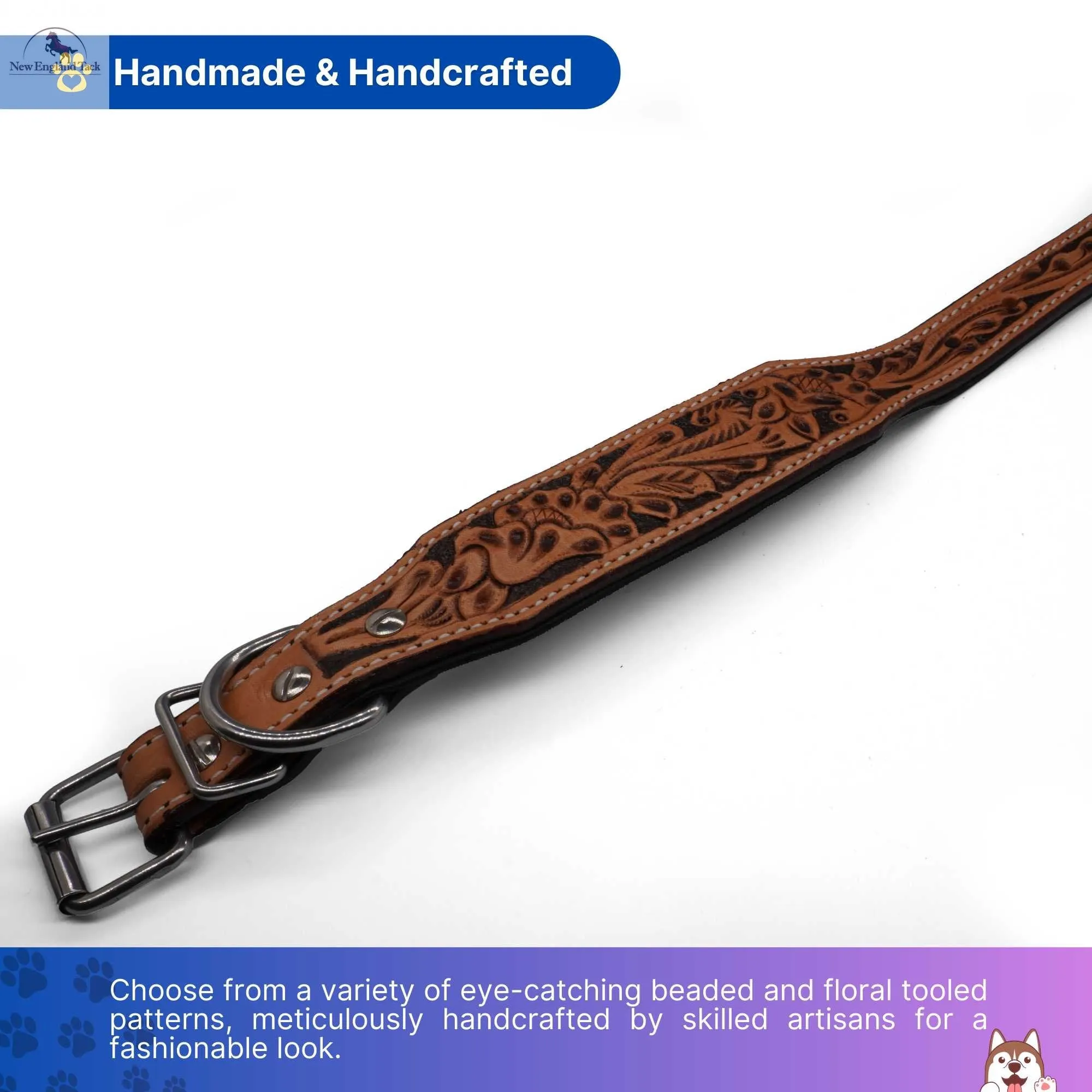 Handcrafted Argentinian Leather Dog Collar with Floral Tooling - Premium Quality