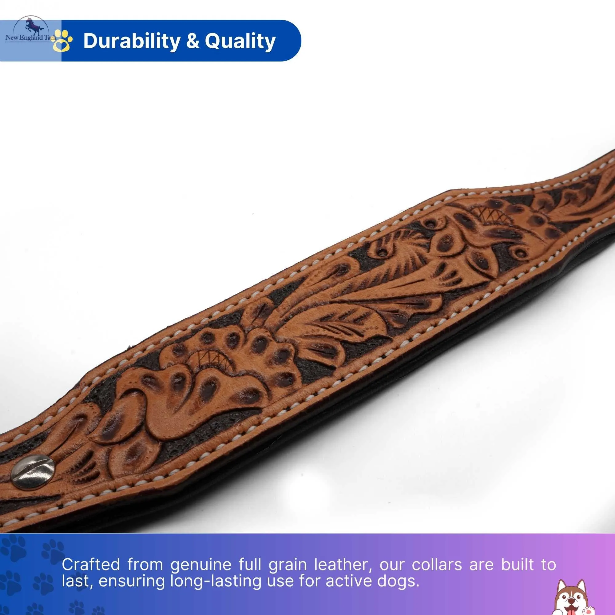 Handcrafted Argentinian Leather Dog Collar with Floral Tooling - Premium Quality