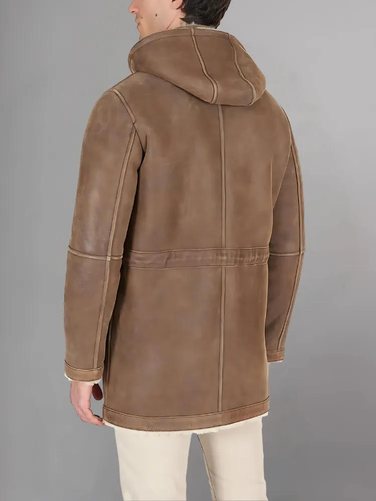 Light Brown Long Motorcycle Jacket with Hood