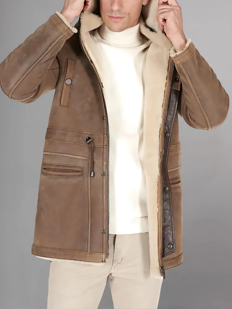 Light Brown Long Motorcycle Jacket with Hood