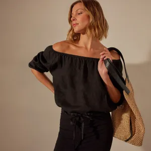 Linen Gathered Blouse - Black