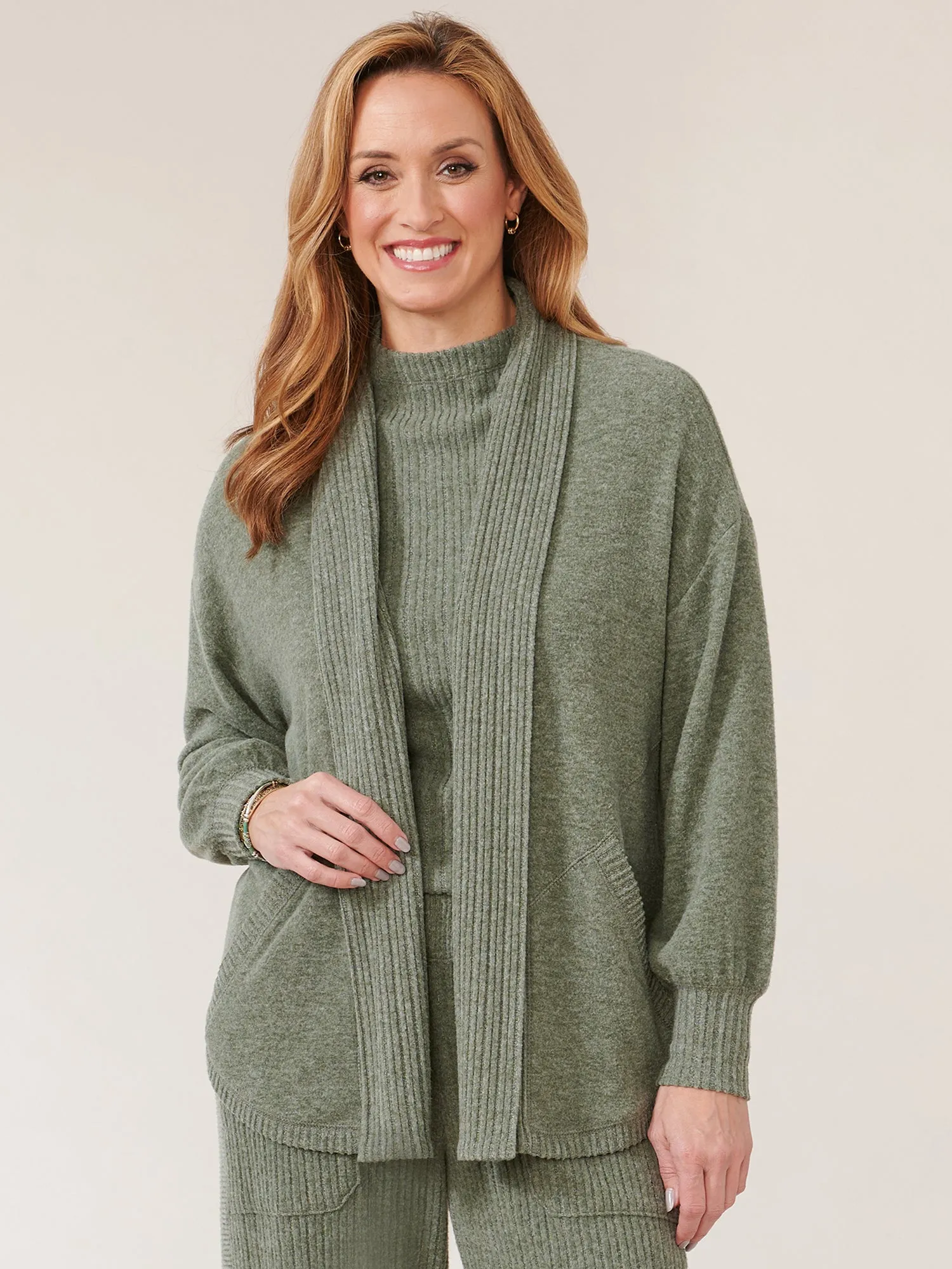 Long Blouson Sleeve Shawl Collar Open Cardi