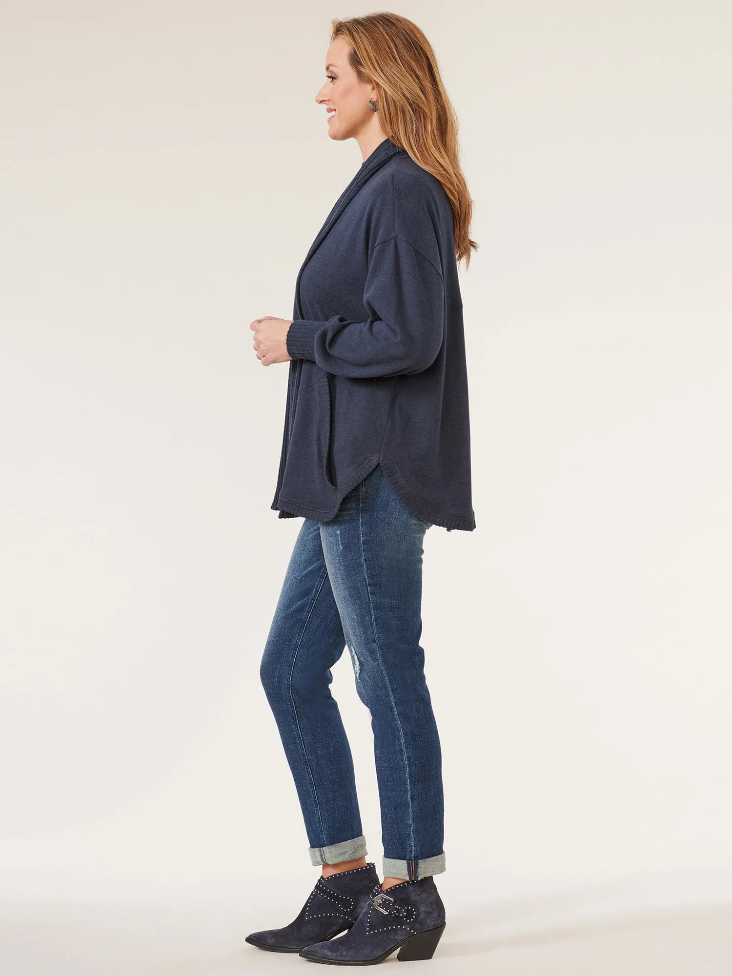 Long Blouson Sleeve Shawl Collar Open Cardi